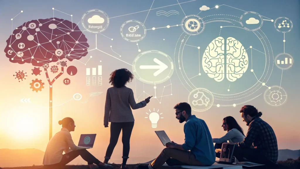 AI 파괴적 혁신 7가지 특징과 산업별 경제 영향 총정리 1 다양한 사람들이 AI 인터페이스와 조화롭게 협력하는 모습을 표현한 개념적 이미지