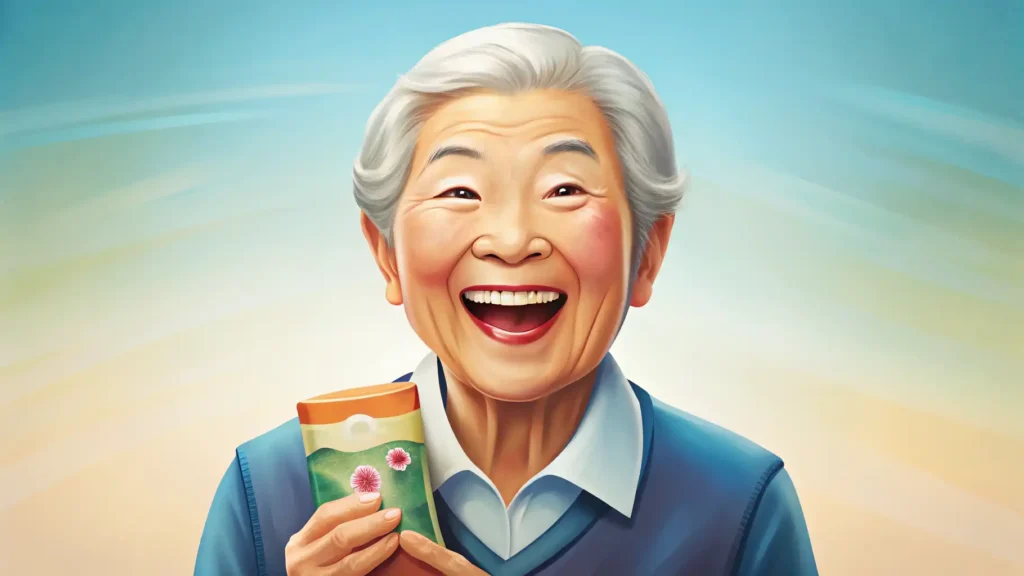 어르신 장 건강, 프로바이오틱스가 정말 도움이 될까요?! 1 활짝 웃는 노인이 프로바이오틱스를 들고 장 건강을 보여주는 모습