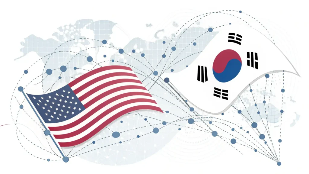 데이터 브로커 규제, 미국과 한국은 어떻게 다를까요?! 1 미국과 한국 국기 사이 데이터 흐름과 규제를 상징하는 이미지