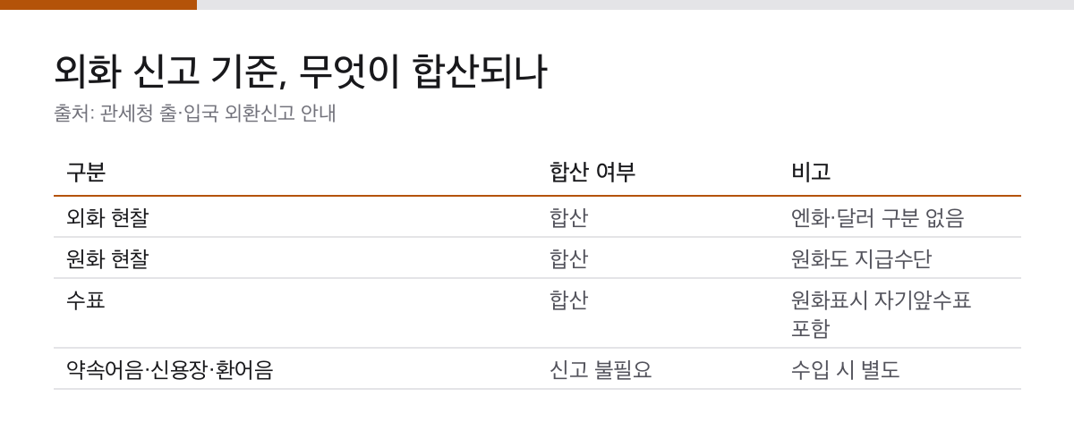 엔화 환전, 신고 기준은 1만불입니다|엔화만 세면 안 되는 이유 1 외화 신고 기준에서 합산되는 지급수단 종류를 정리한 표
