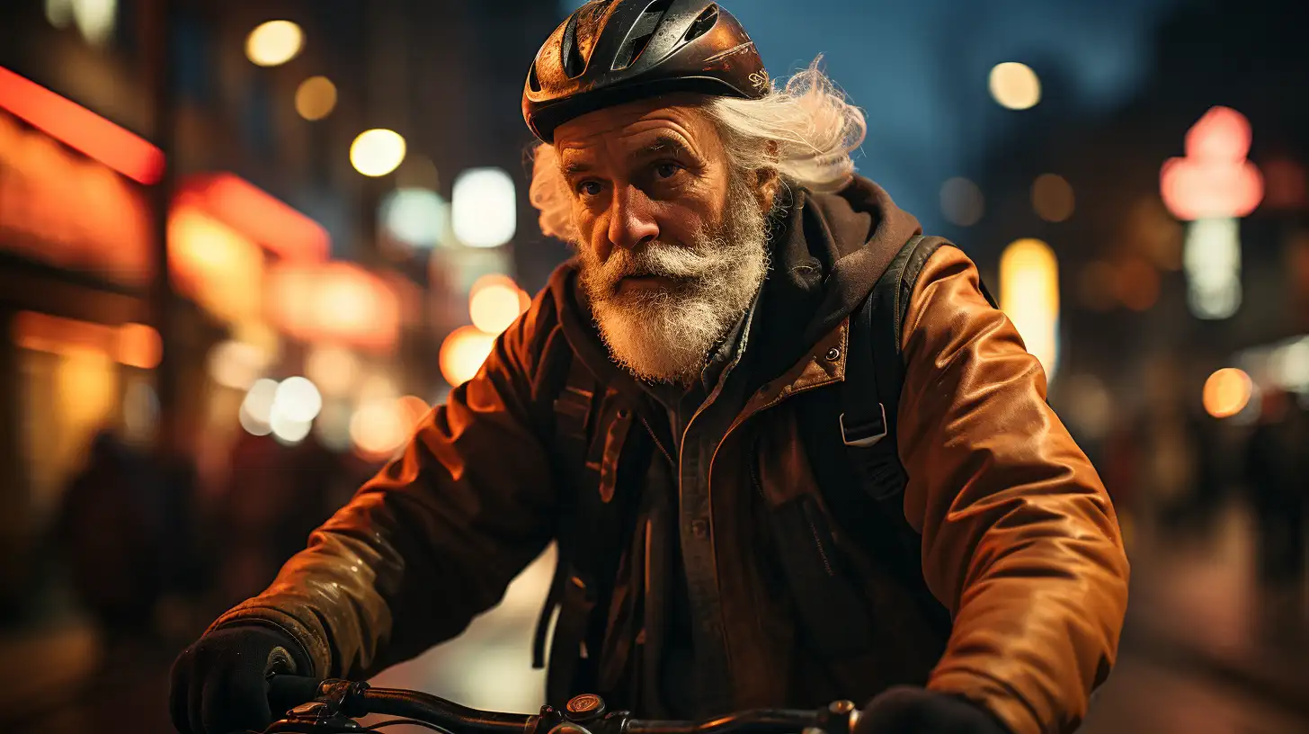 A middle aged man riding a bicycle with a white beard and a helmet looking straight ahead