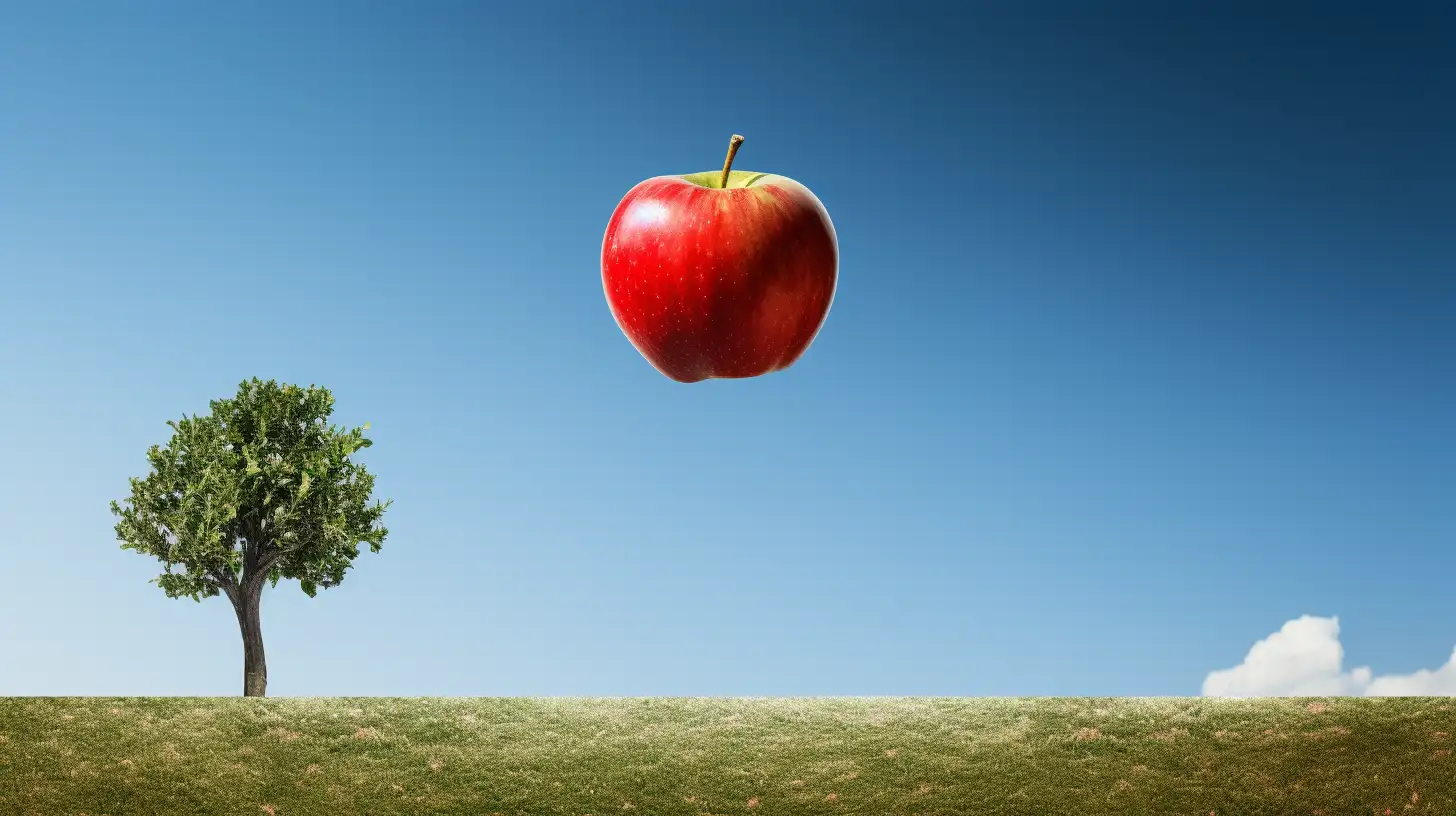 A picture of gravity an apple in the middle a tree next to it a green landscape