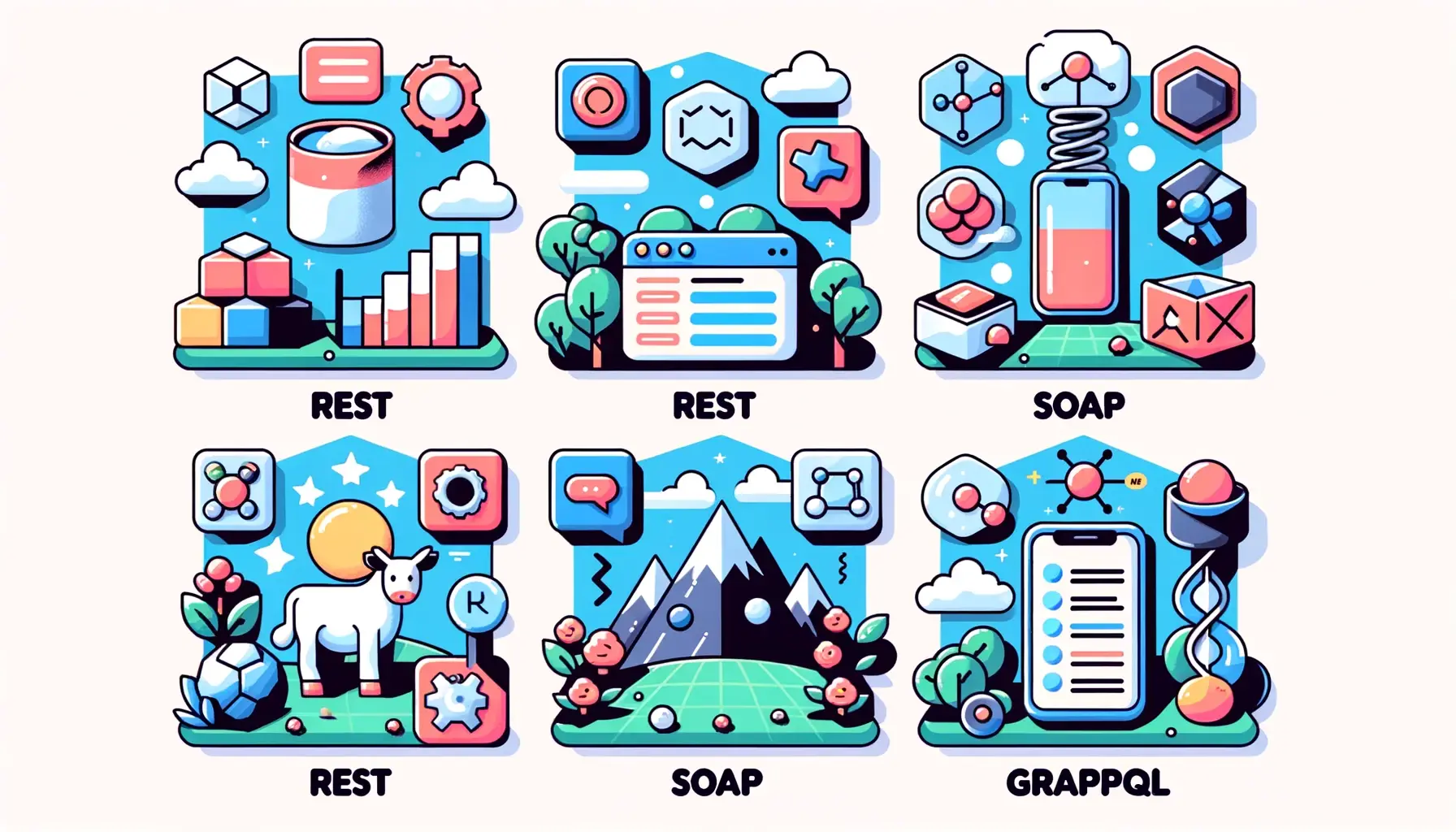 Illustration categorizing various types of APIs like REST SOAP and GraphQL highlighting their unique features