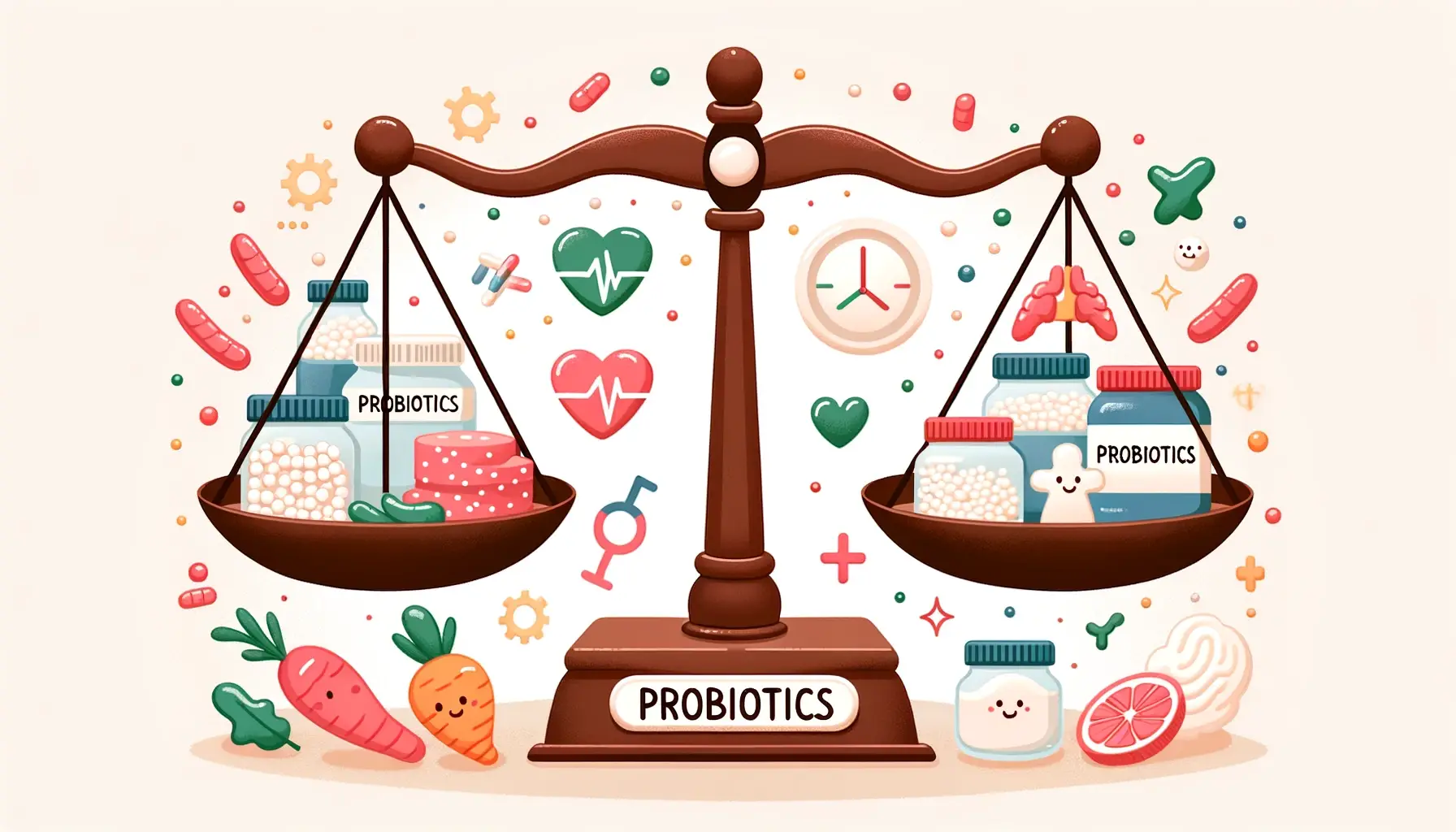 Illustration depicting the importance of probiotics in health management. A balance scale is shown with one side holding probiotics foods and the other side showing symbols of good health