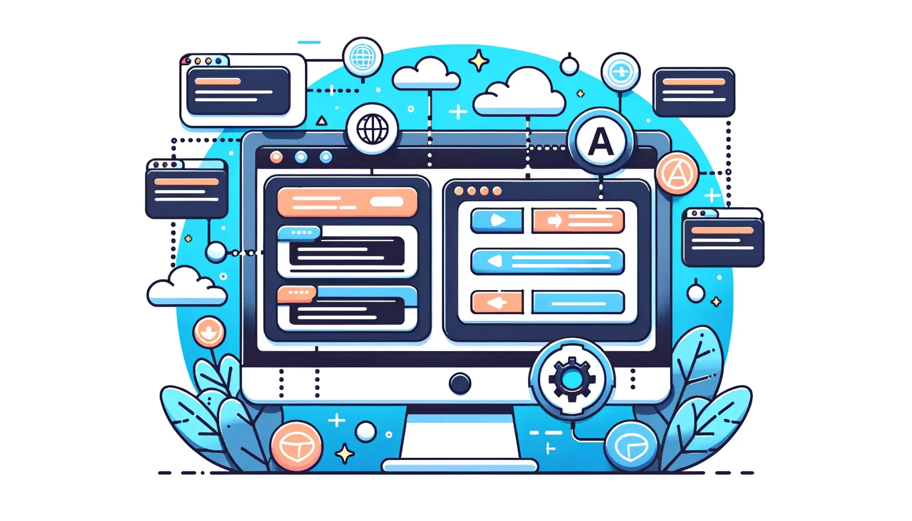 Illustration of a computer screen showcasing a website with highlighted sections indicating the APIs responsible for dynamic content and user interactions