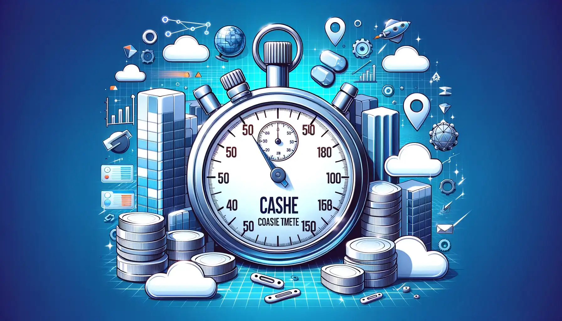 Illustration of a digital stopwatch measuring website loading speed symbolizing the impact of cache on reducing website load times