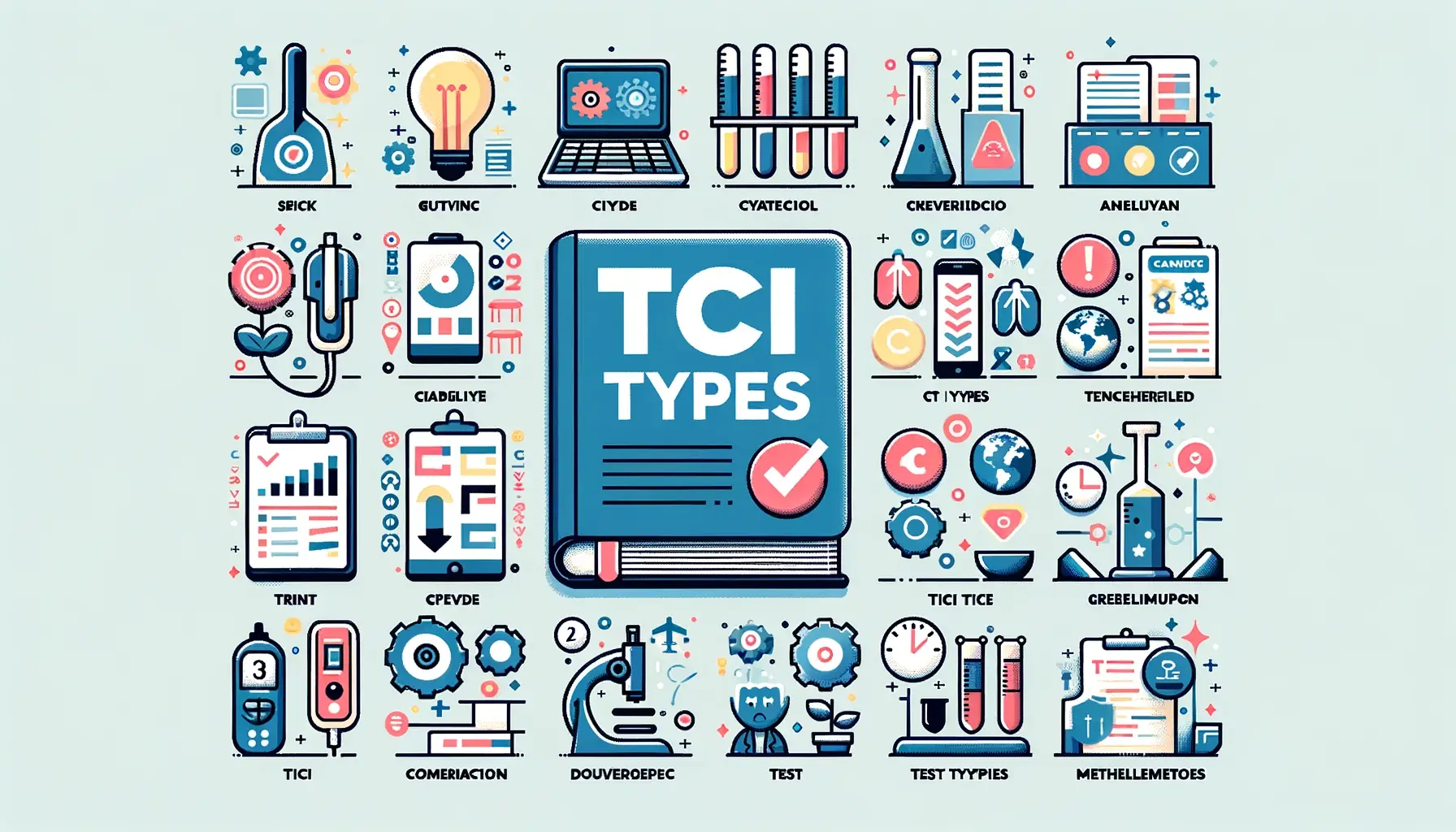 Illustration of a guidebook titled TCI Types with various icons representing different test methodologies