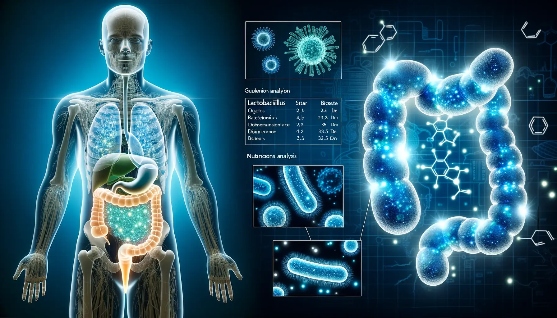 Illustration of a human digestive system with glowing Lactobacillus bacteria working harmoniously and a side panel showing the nutritional analysis of Lactobacillus