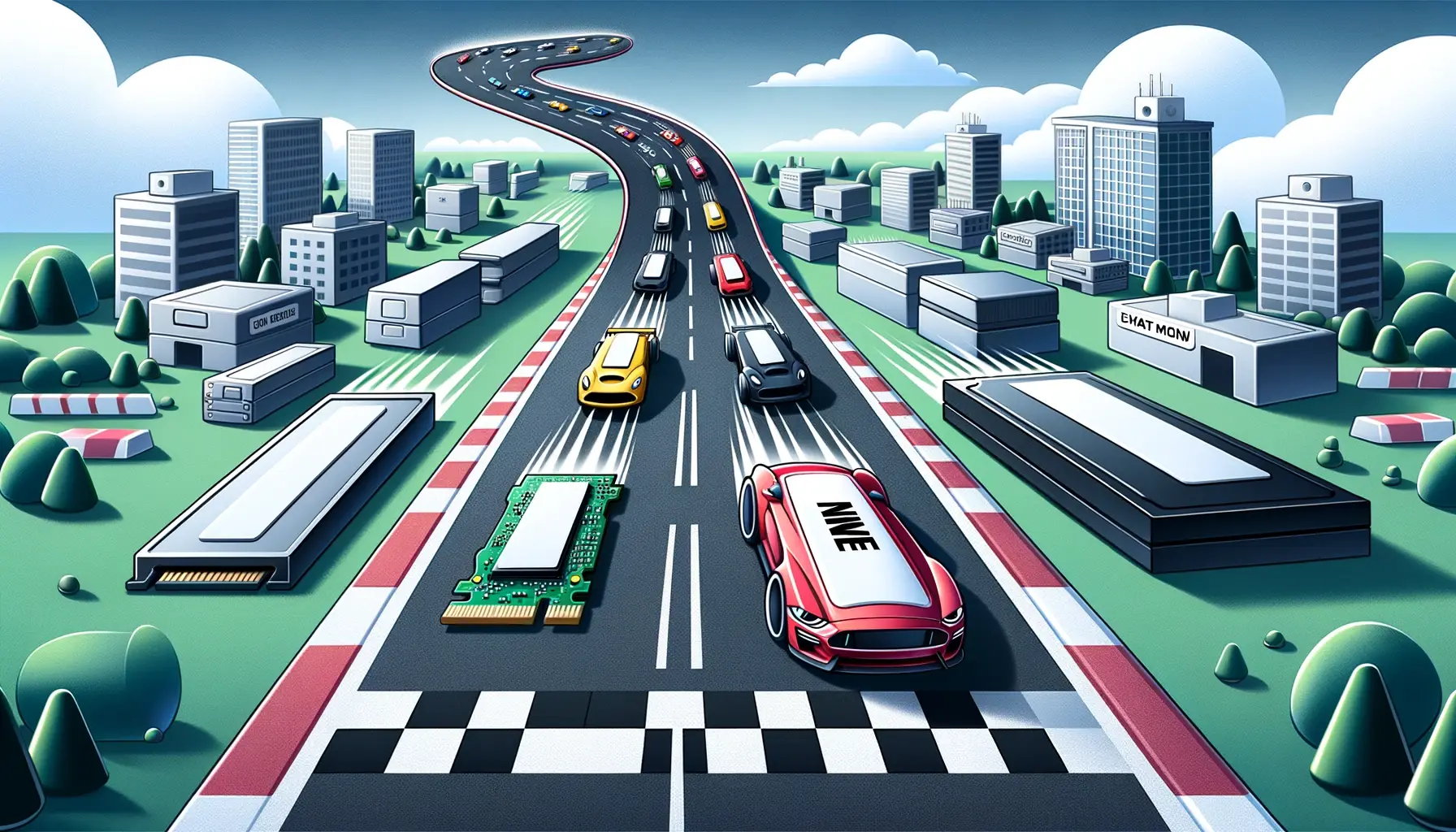 Illustration of a racetrack with different storage devices as racers with NVMe leading the pack showcasing its superiority in speed and performance