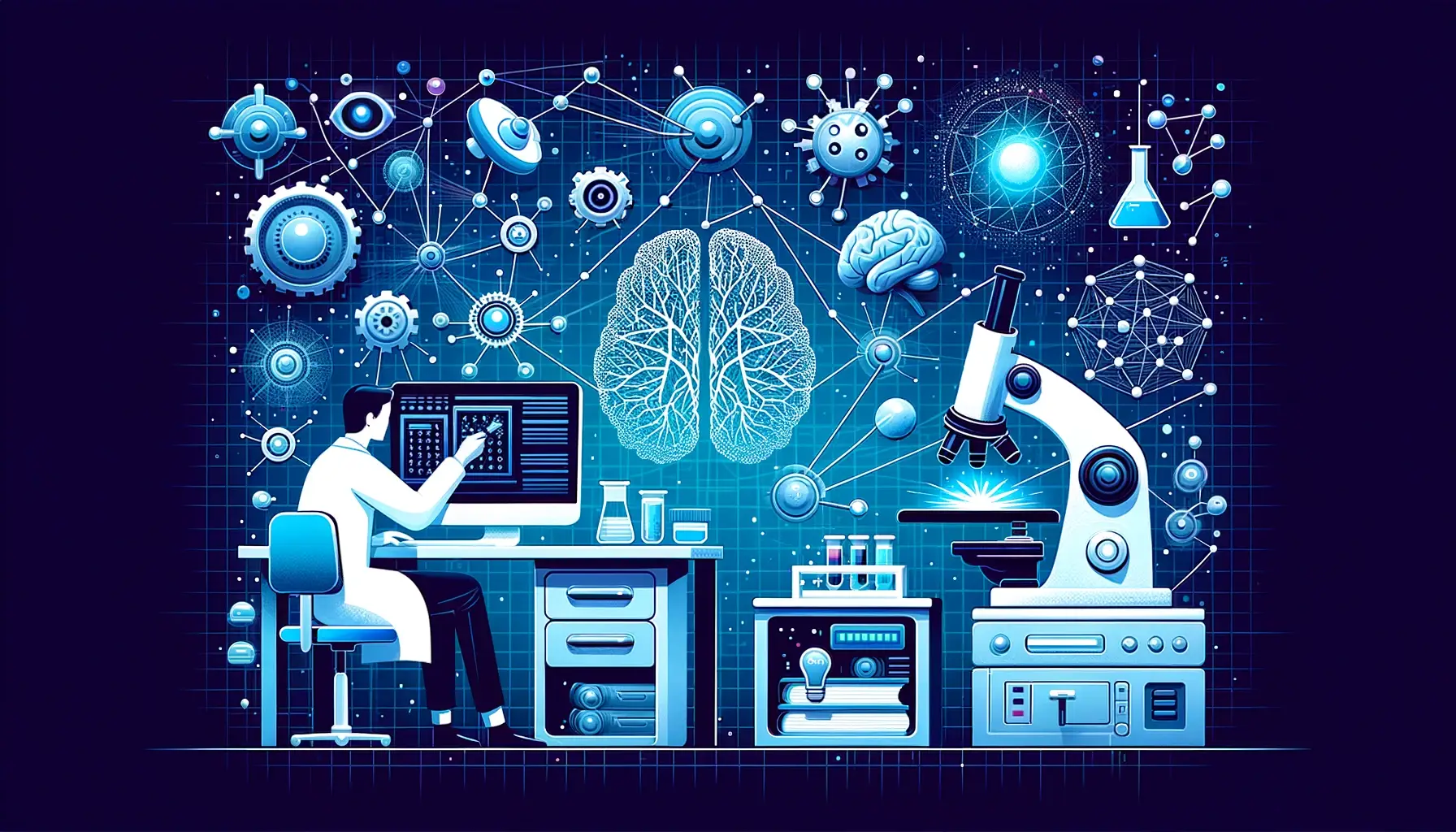 Illustration of a scientist working on advanced algorithms and neural networks symbolizing the core technologies behind AGI