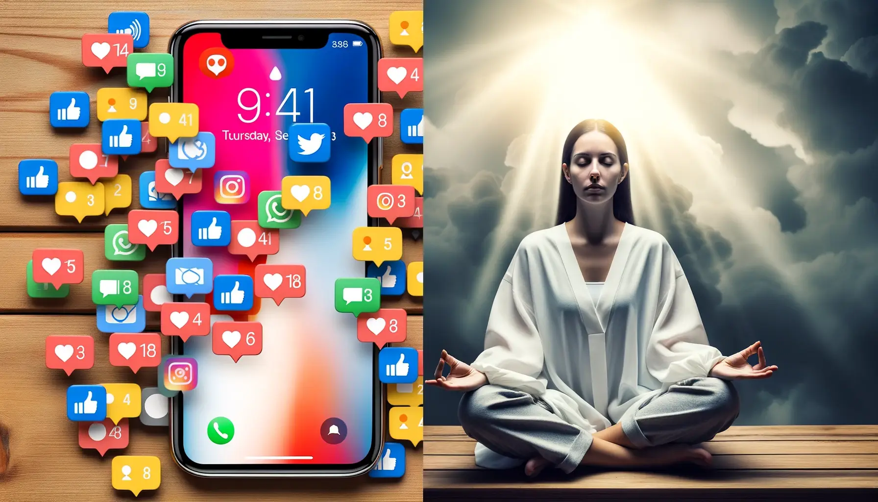 Photo collage showing side by side comparisons one side with a person looking stressed and surrounded by notification alerts and the other side with a calm person meditating away from devices