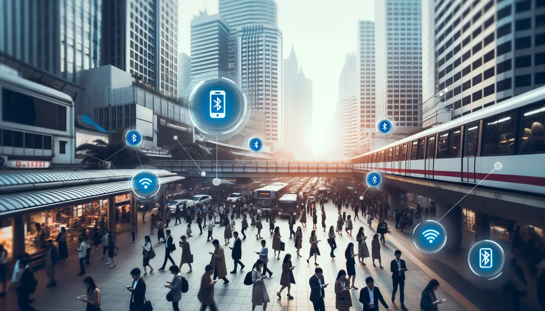 Photo of a busy urban scene with people using various devices with subtle blue icons indicating Bluetooth connectivity floating above them