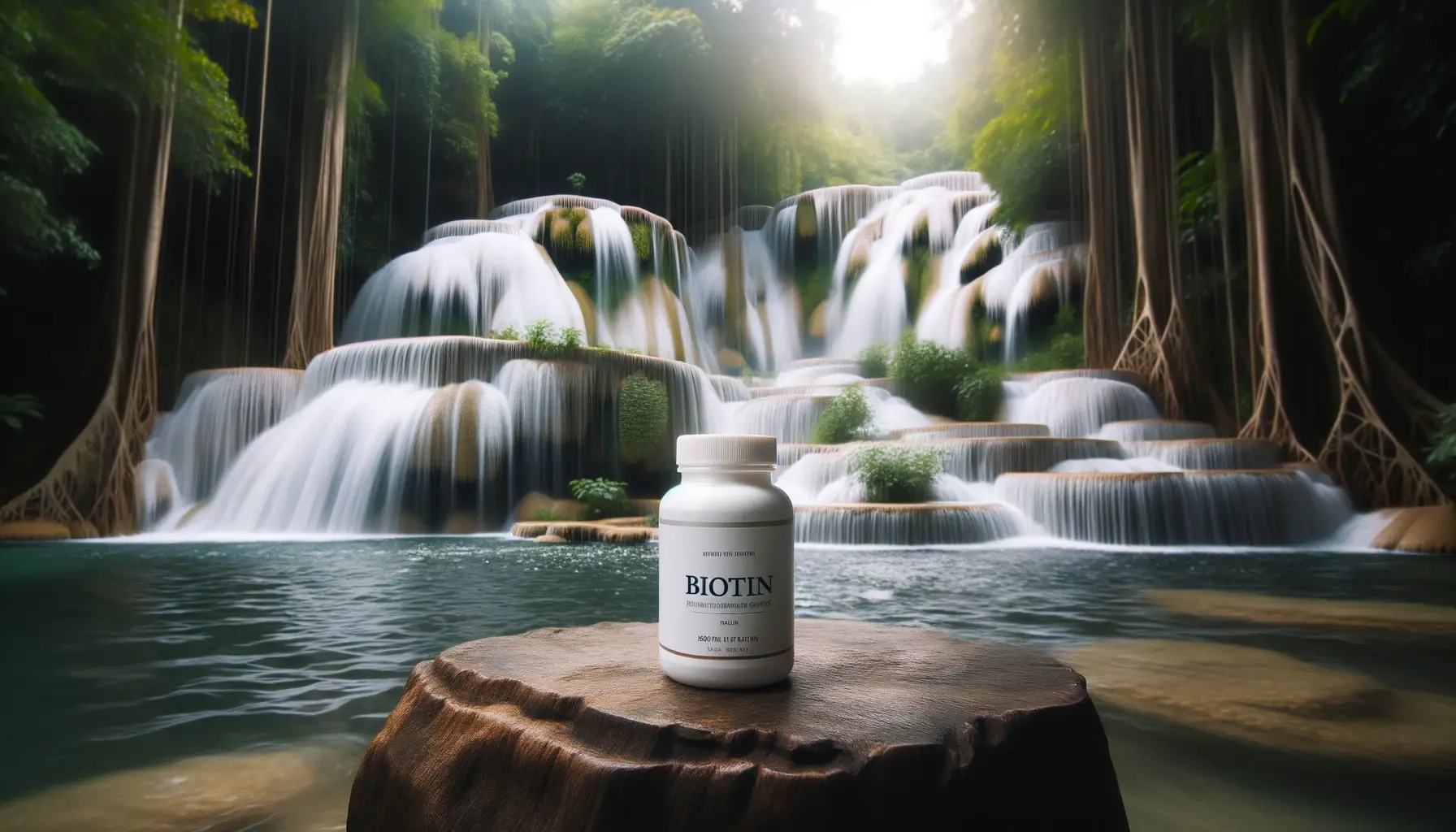 Photo of a cascading waterfall with a biotin bottle placed nearby capturing the essence of purity and wellness