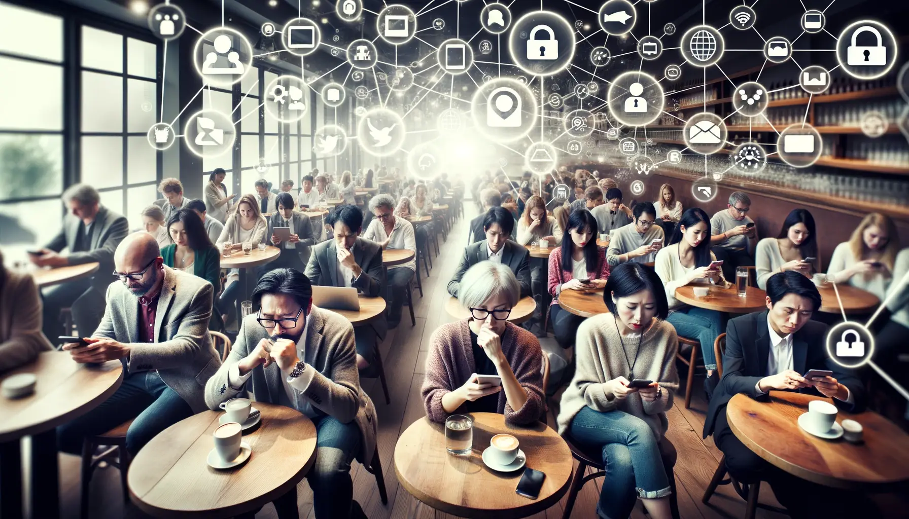 Photo of a diverse group of people at a cafe each absorbed in their own devices with subtle digital chains linking them to SNS icons above