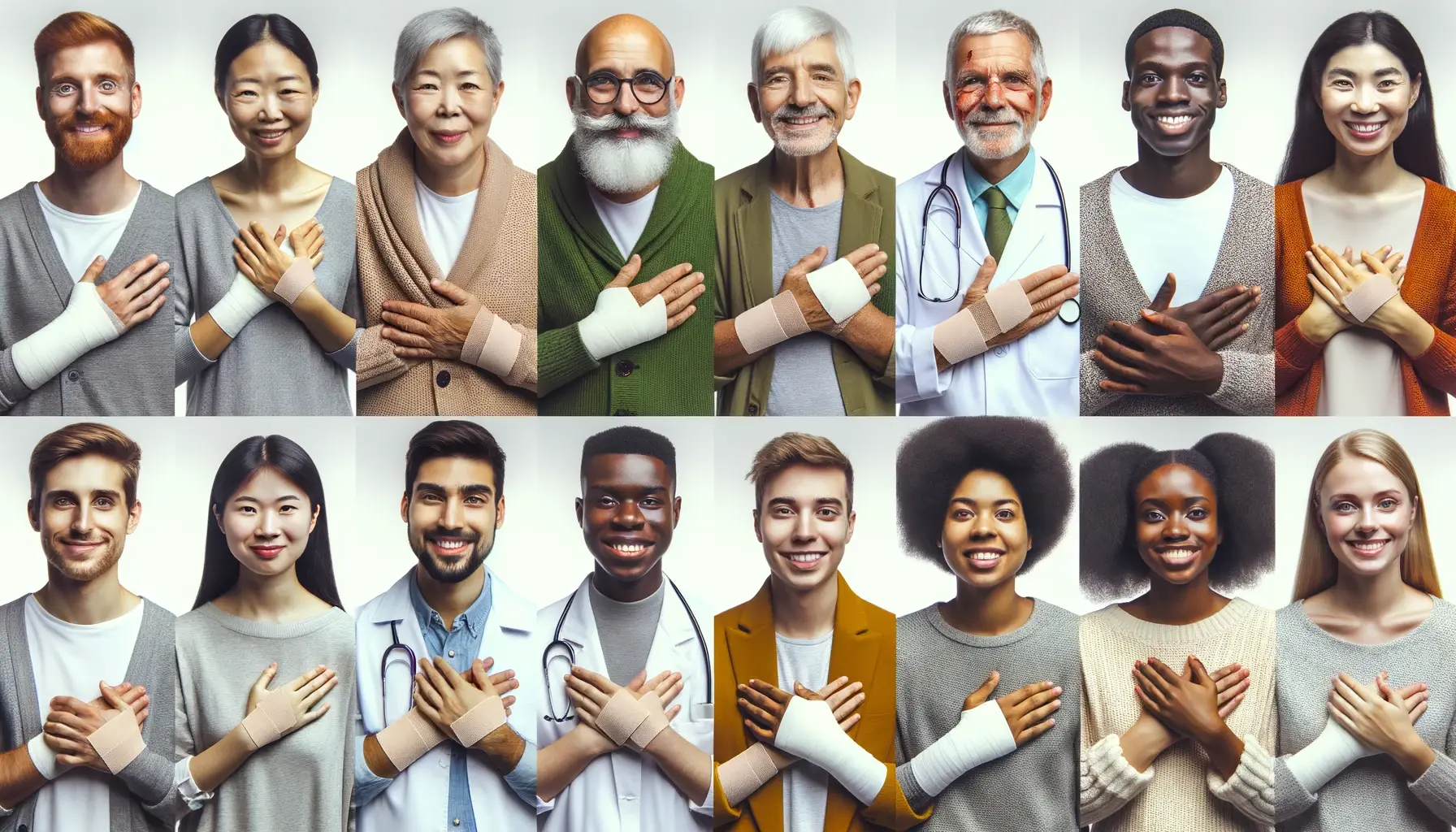 Photo of a diverse group of people each showcasing a plaster applied to different parts of their bodies. They all look relieved and comfortable highlighting the advantages of using the plaster