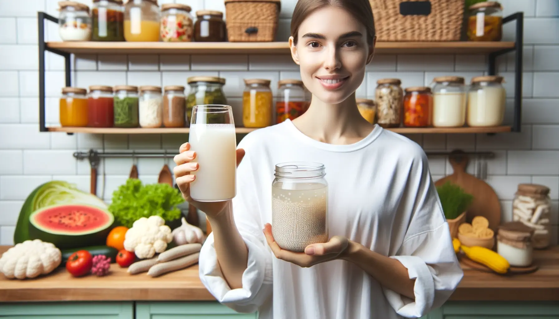 Photo of a health conscious individual holding a glass of probiotic drink with Lactobacillus with a backdrop of a kitchen filled with natural sources of probiotics such as fermented foods