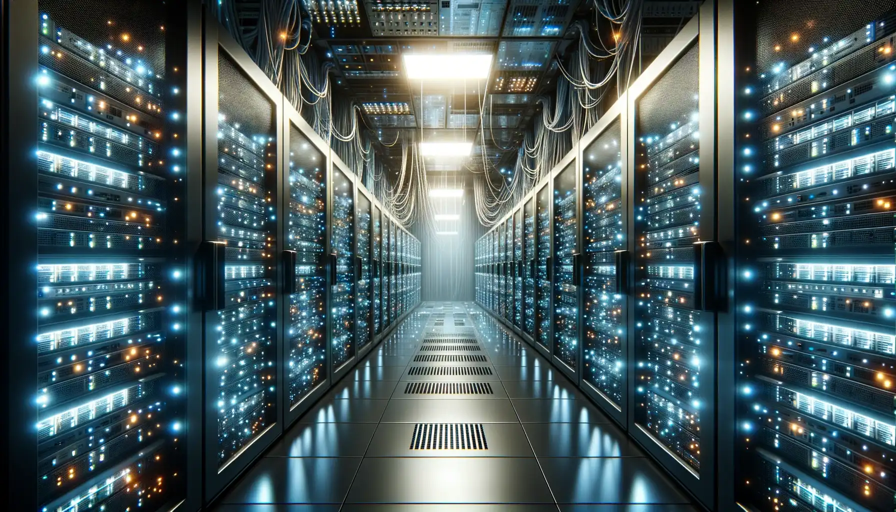 Photo of a network server room with glowing LED lights representing the backend infrastructure supporting cache technologies and their role in web performance