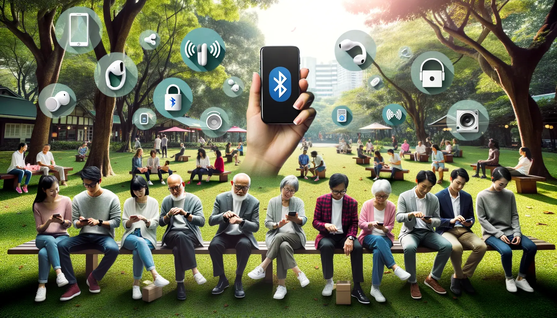 Photo of a park scene with individuals from diverse backgrounds using Bluetooth devices like earbuds smartwatches and speakers showcasing the ubiquity of the technology