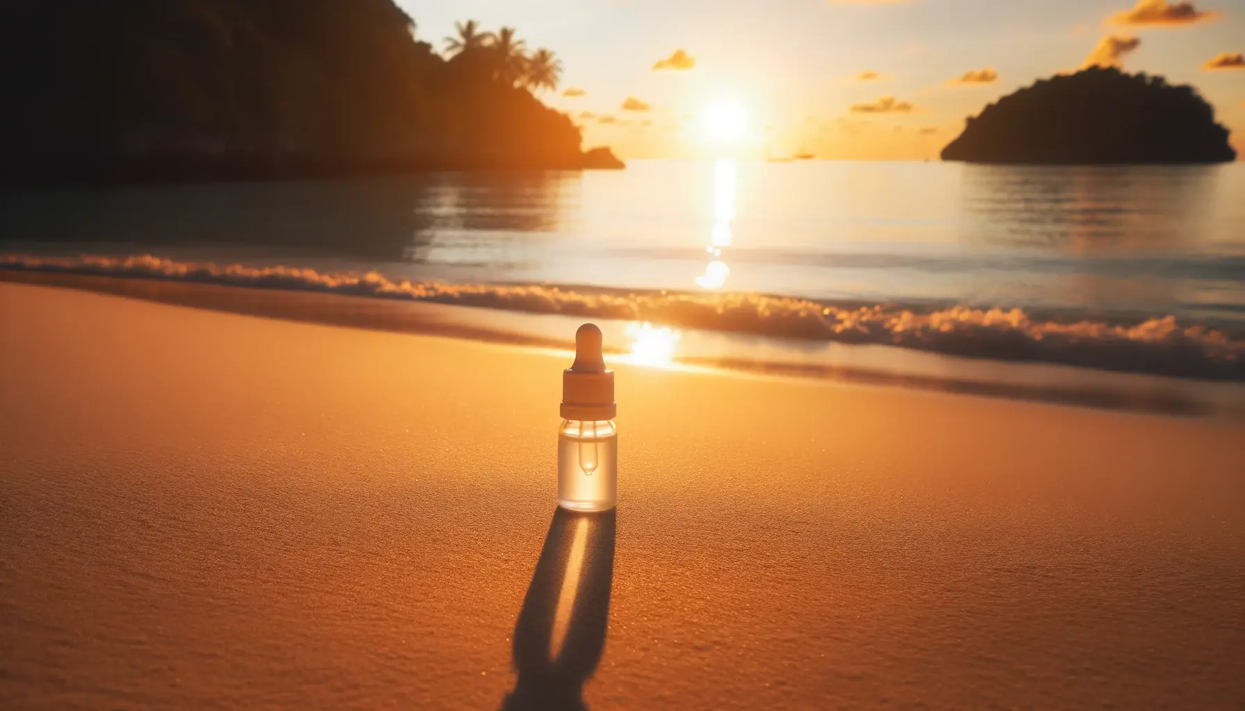 Photo of a serene beach setting at sunset with an eye drop bottle casting a long shadow on the sand symbolizing relaxation and eye relief