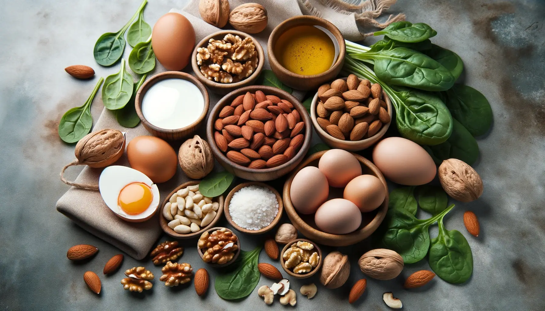 Photo of a spread of natural foods like eggs nuts and spinach known for their rich biotin content