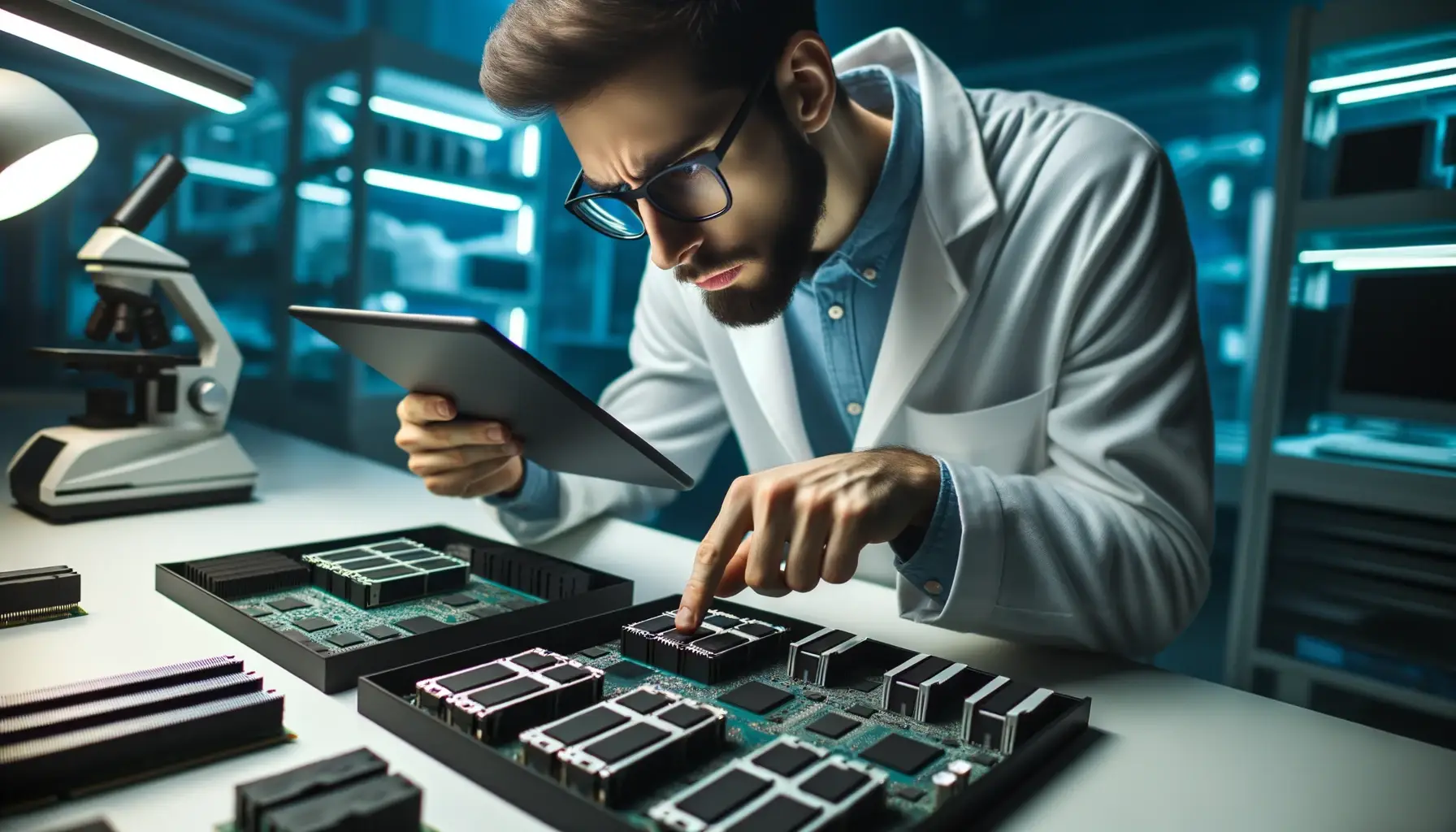 Photo of a tech expert in a lab meticulously examining different NVMe models with a digital tablet indicating a detailed analysis