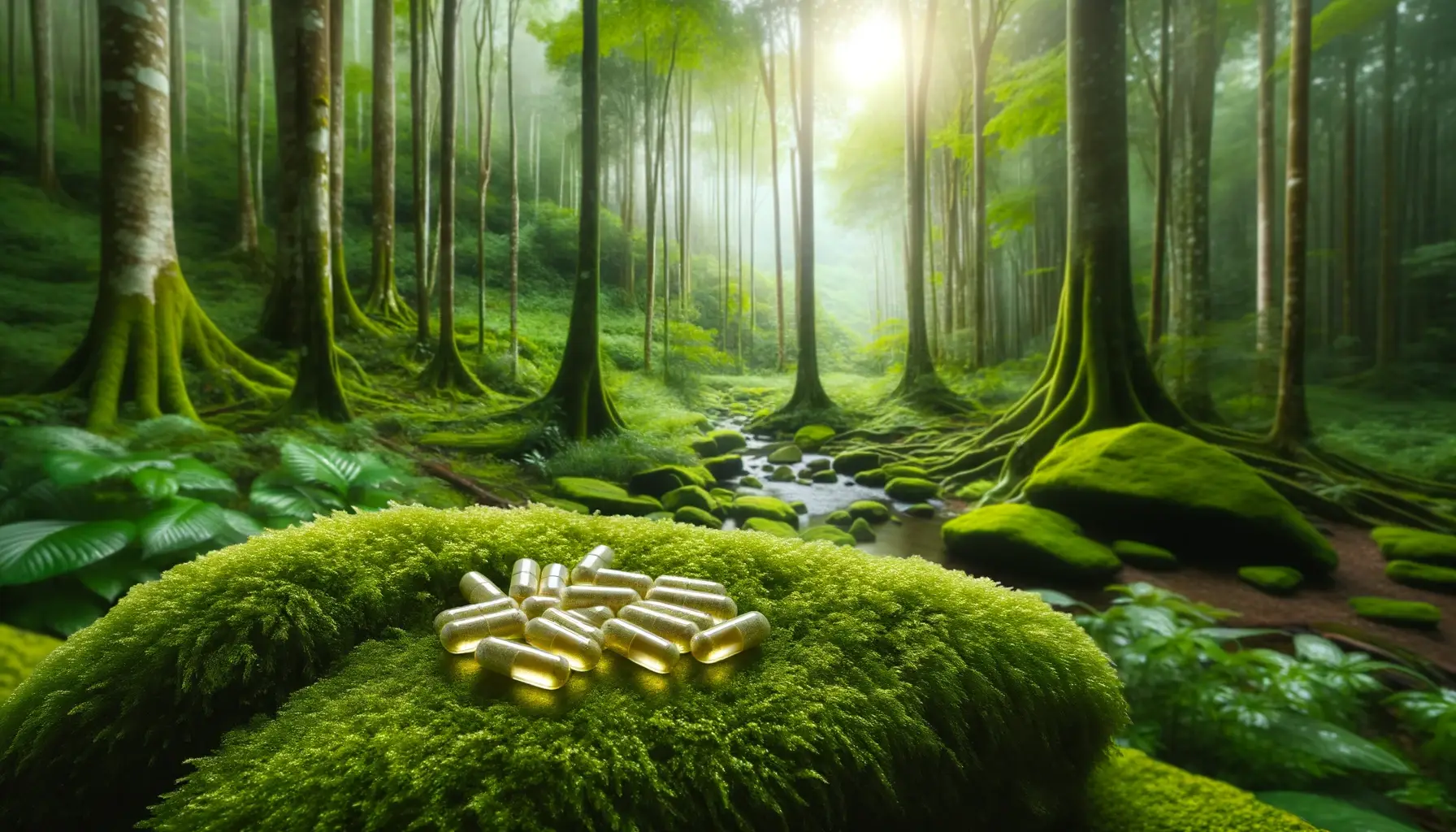 Photo of a tranquil forest setting with a biotin capsule placed on a moss covered rock symbolizing natural health