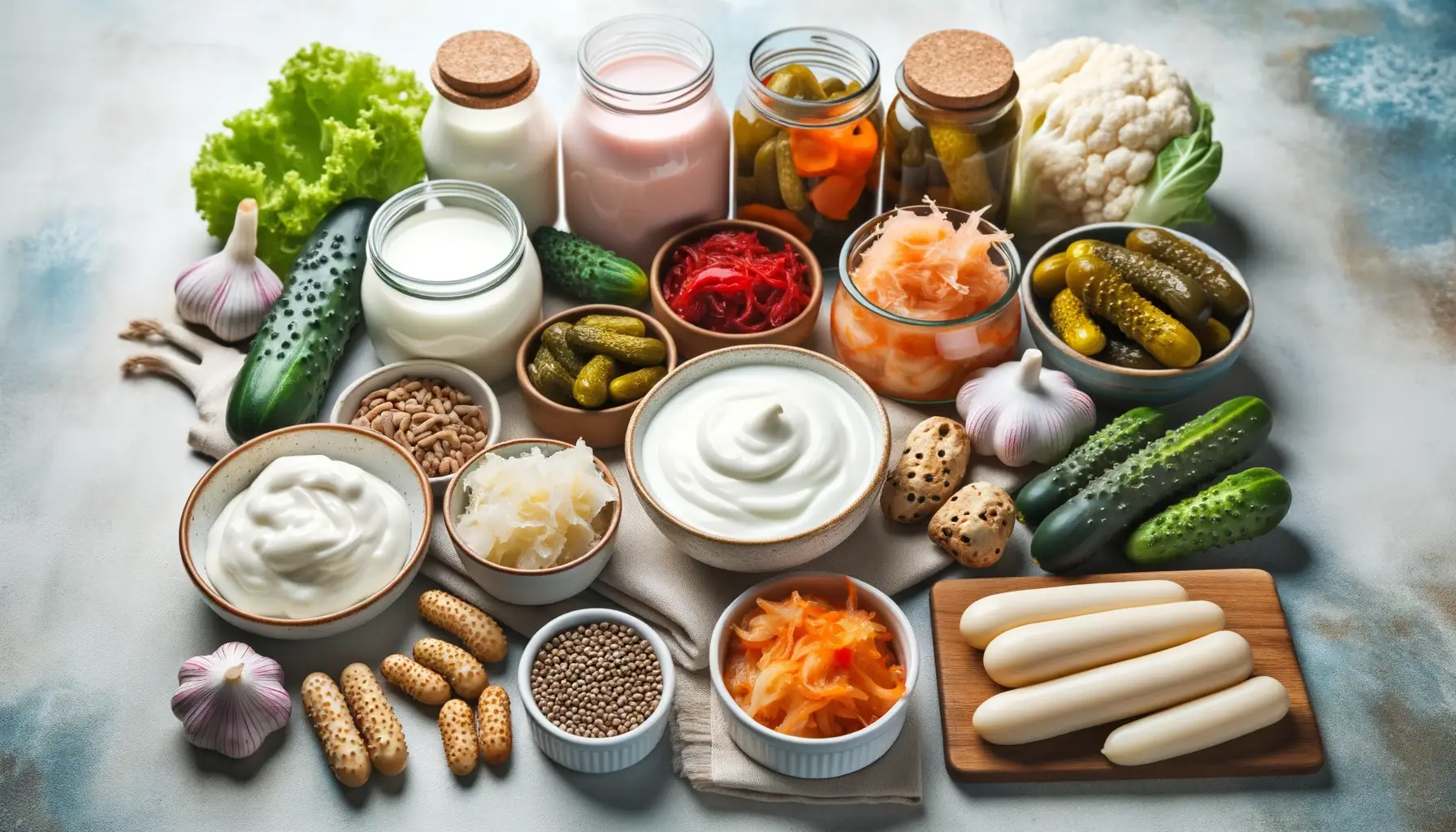 Photo showcasing various probiotics foods neatly arranged on a table. Visible foods include yogurt kimchi pickles and sauerkraut representing the nutritional value of probiotics