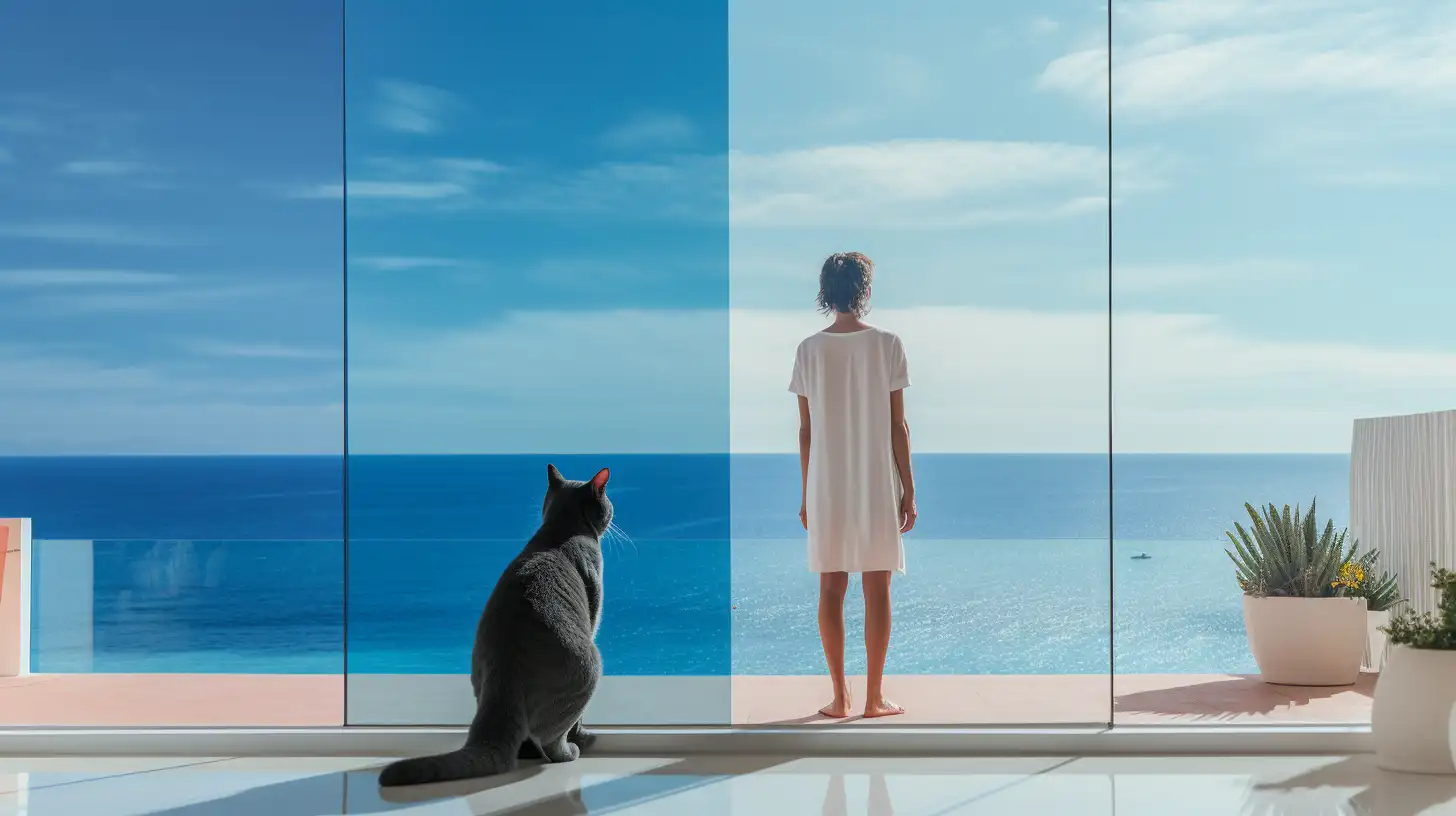 The view of the person looking at the landscape the view of the cat looking at the person and the view of the sea