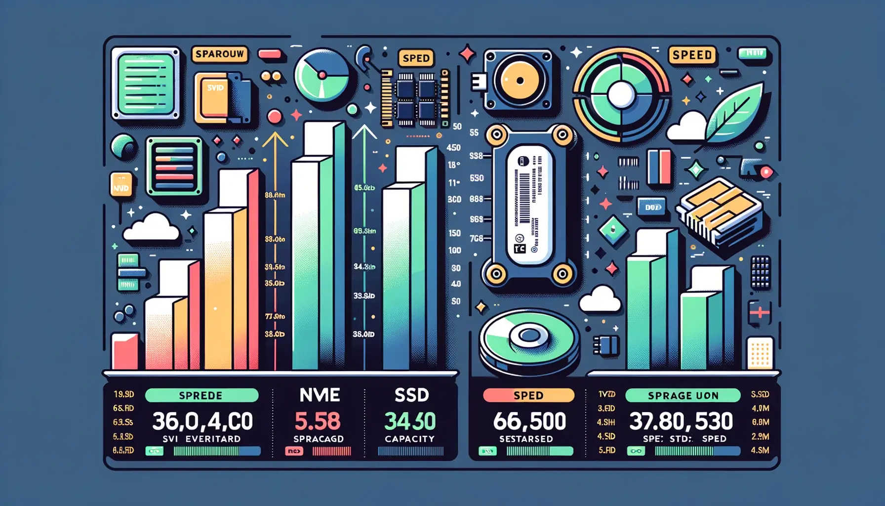 Vector comparison chart contrasting NVMe with other storage devices like HDD and SSD highlighting speed capacity and other key metrics