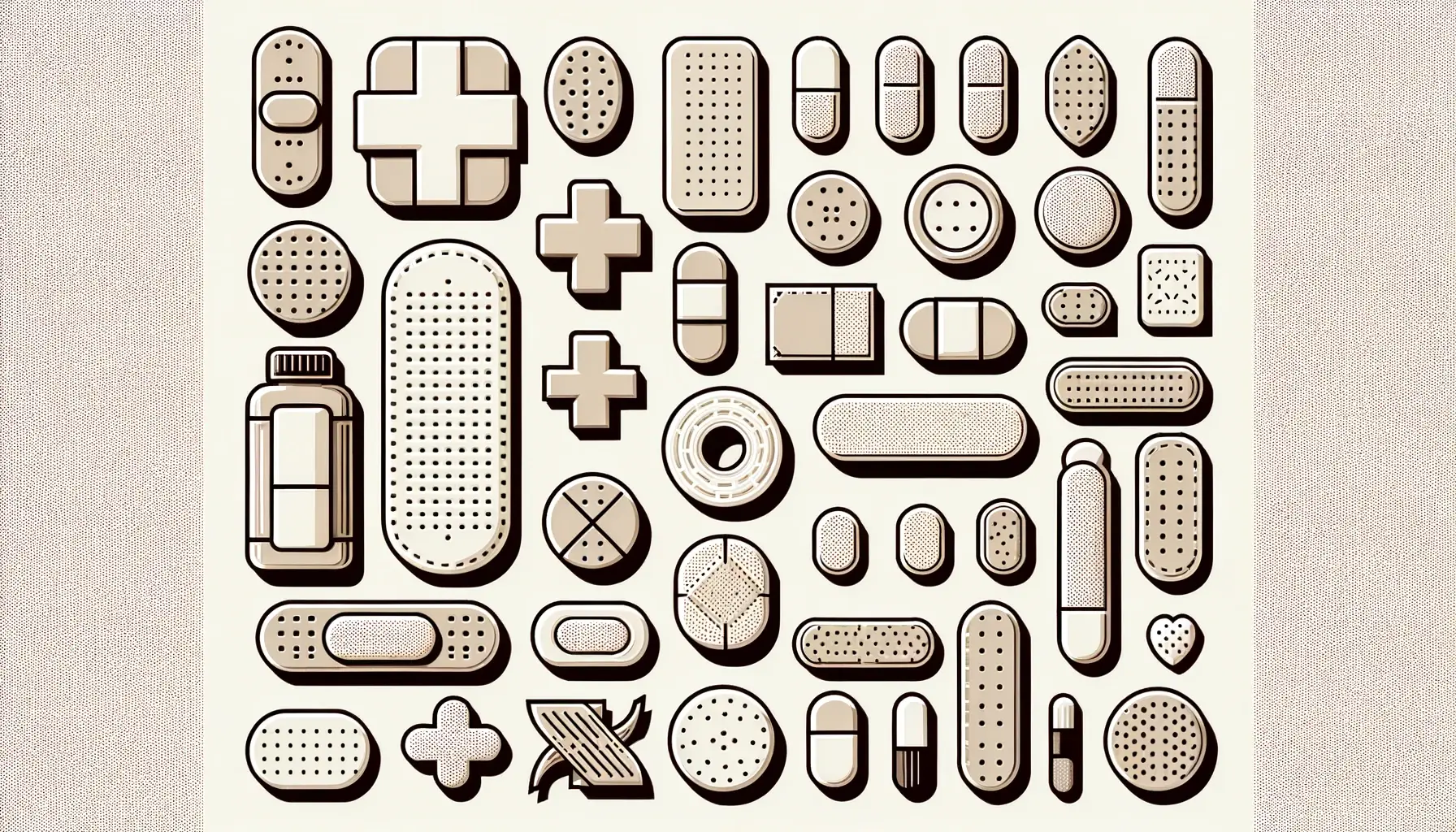 Vector image of a collection of different shapes and sizes of medicinal plasterspatches displayed neatly without any text or icons