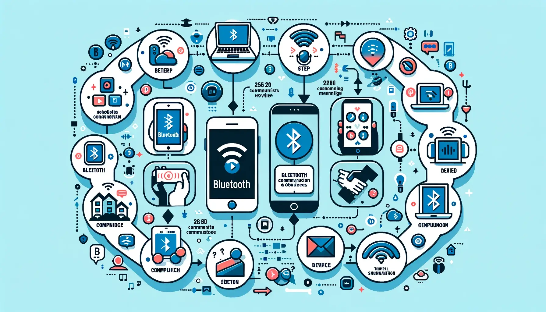 Vector infographic detailing the step by step process of how Bluetooth technology communicates between devices with icons and short