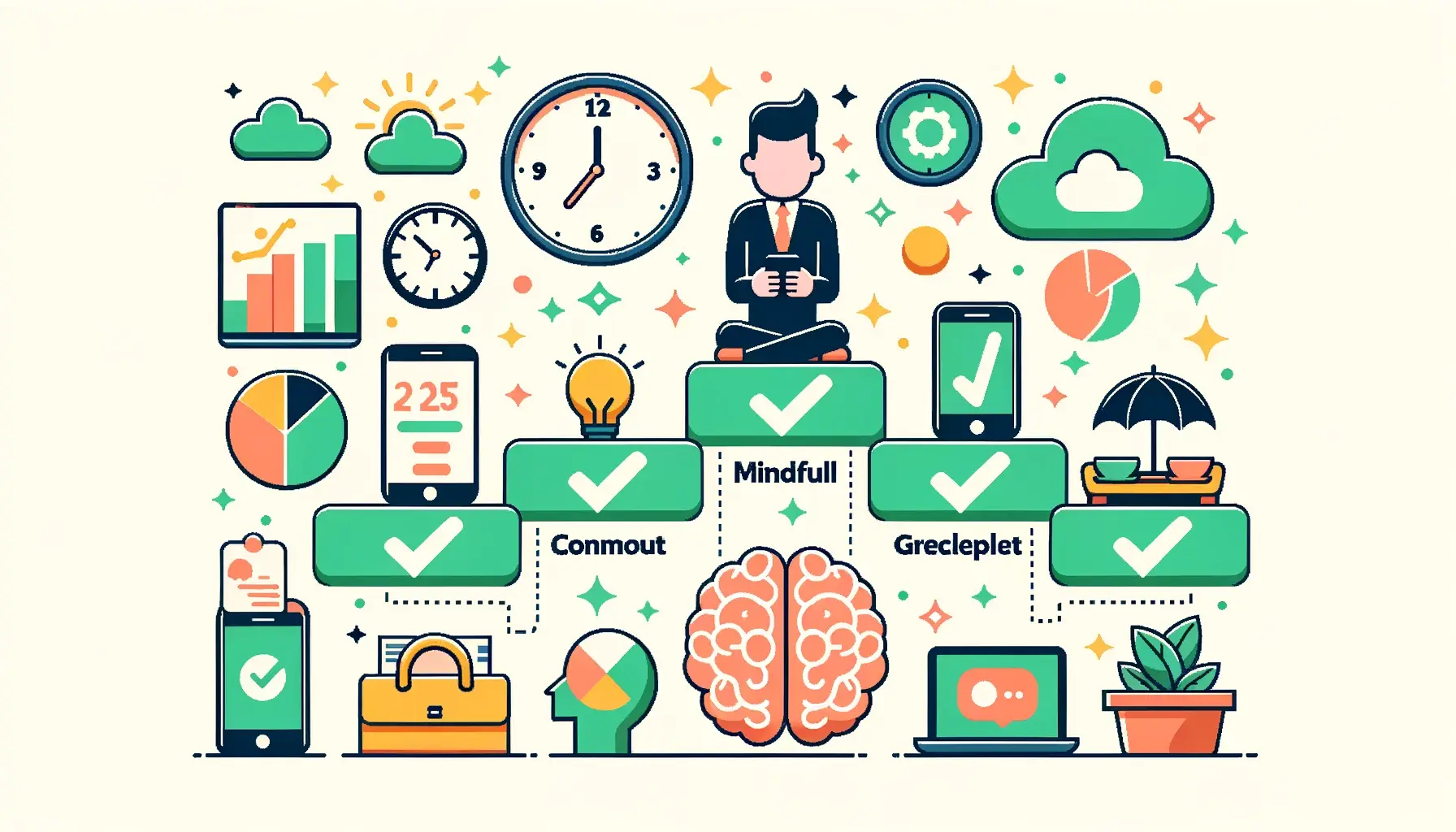 Vector infographic illustrating steps for mindful SNS usage with icons of clocks human profiles and green check marks