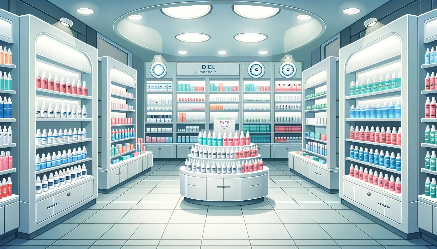 Vector scene of a modern pharmacy interior focusing on the eye care section with shelves lined with various eye drops