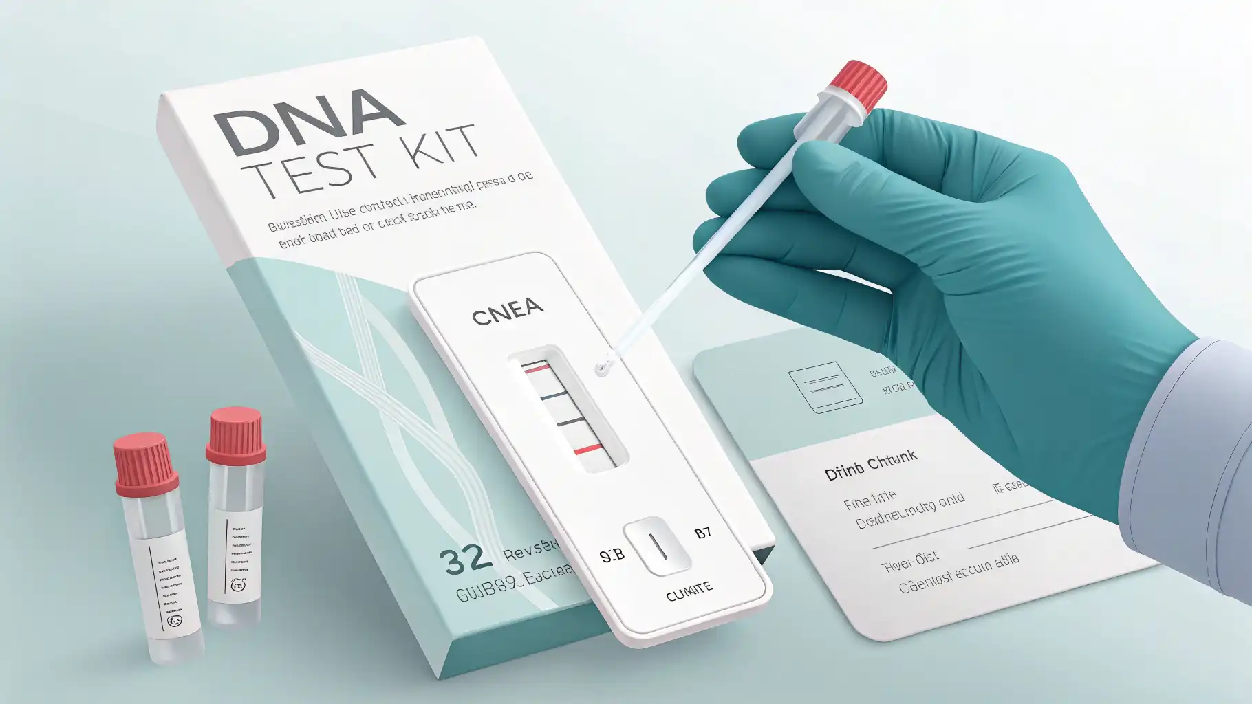 손에 들린 DNA 검사 키트와 스마트폰의 개인 맞춤 영양 분석 결과 화면.