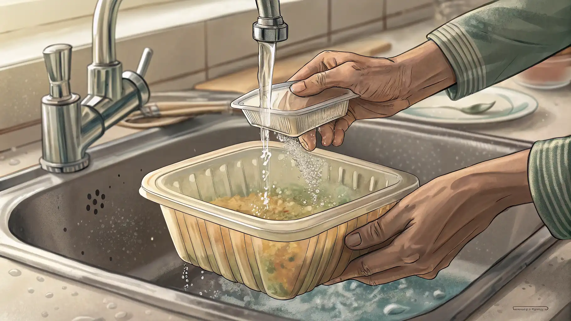 재활용을 위해 플라스틱 용기의 내용물을 비우고 물로 헹구는 모습