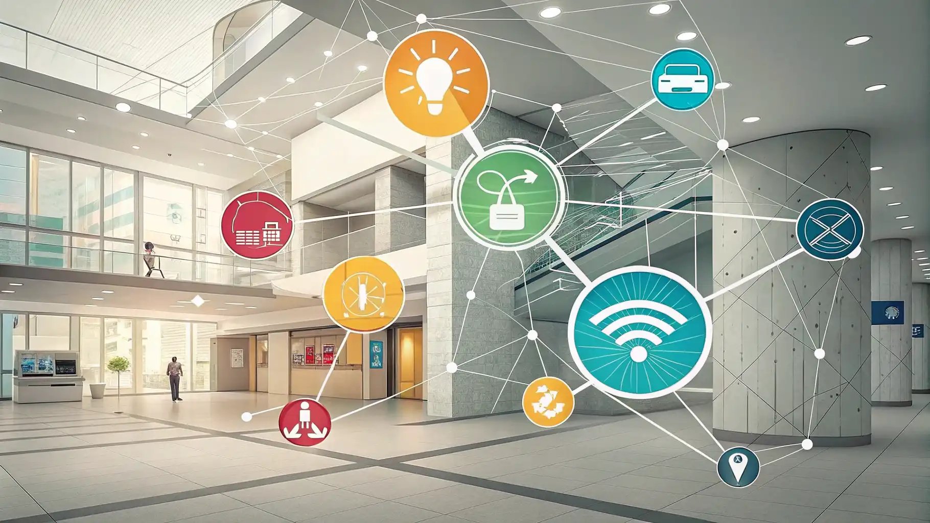스마트 빌딩 내 IoT 센서와 AI가 연동하여 에너지를 관리하는 개념도